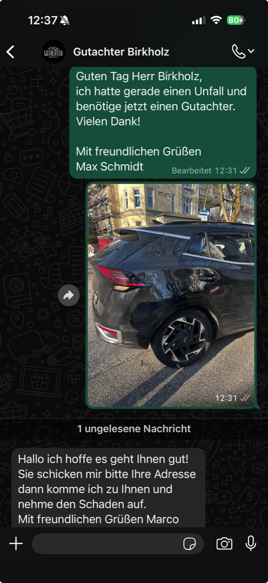 WhatsApp-Chat zwischen Kunde und Gutachter Birkholz